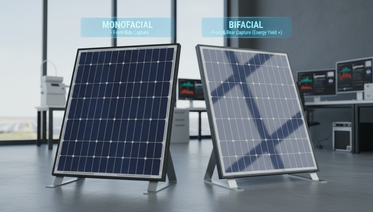 Monofacial and bifacial solar modules compared in a test environment showing front-side capture and front plus rear energy capture